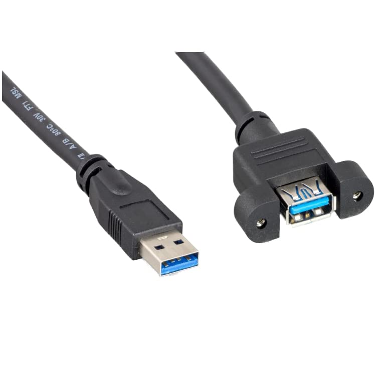 CableWholesale USB 3.0 Panel Mount Extension Cable 28/24 AWG - Type A Male to Female, High-Speed Data Transfer, Black, 3 Feet