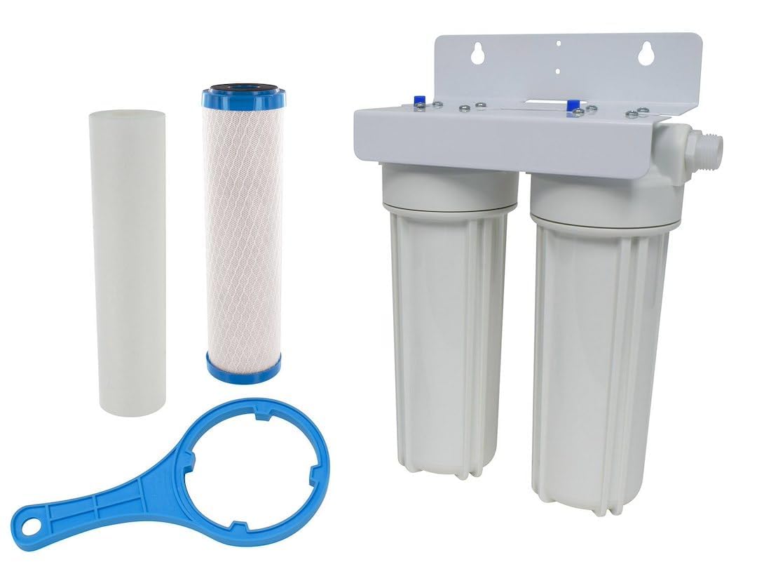 VALTERRA A01-1139 Exterior Filter System, Dual Housing with Sediment Pre-Filter, Advanced Carbon Block Cartridge, Wall Bracket and Wrench