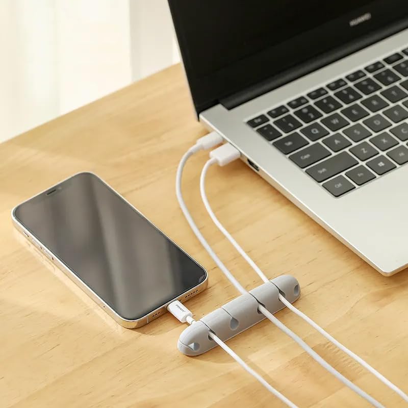 Silicone Desktop Cable Organizer 6-Slot with Adhesive Backing, Gray