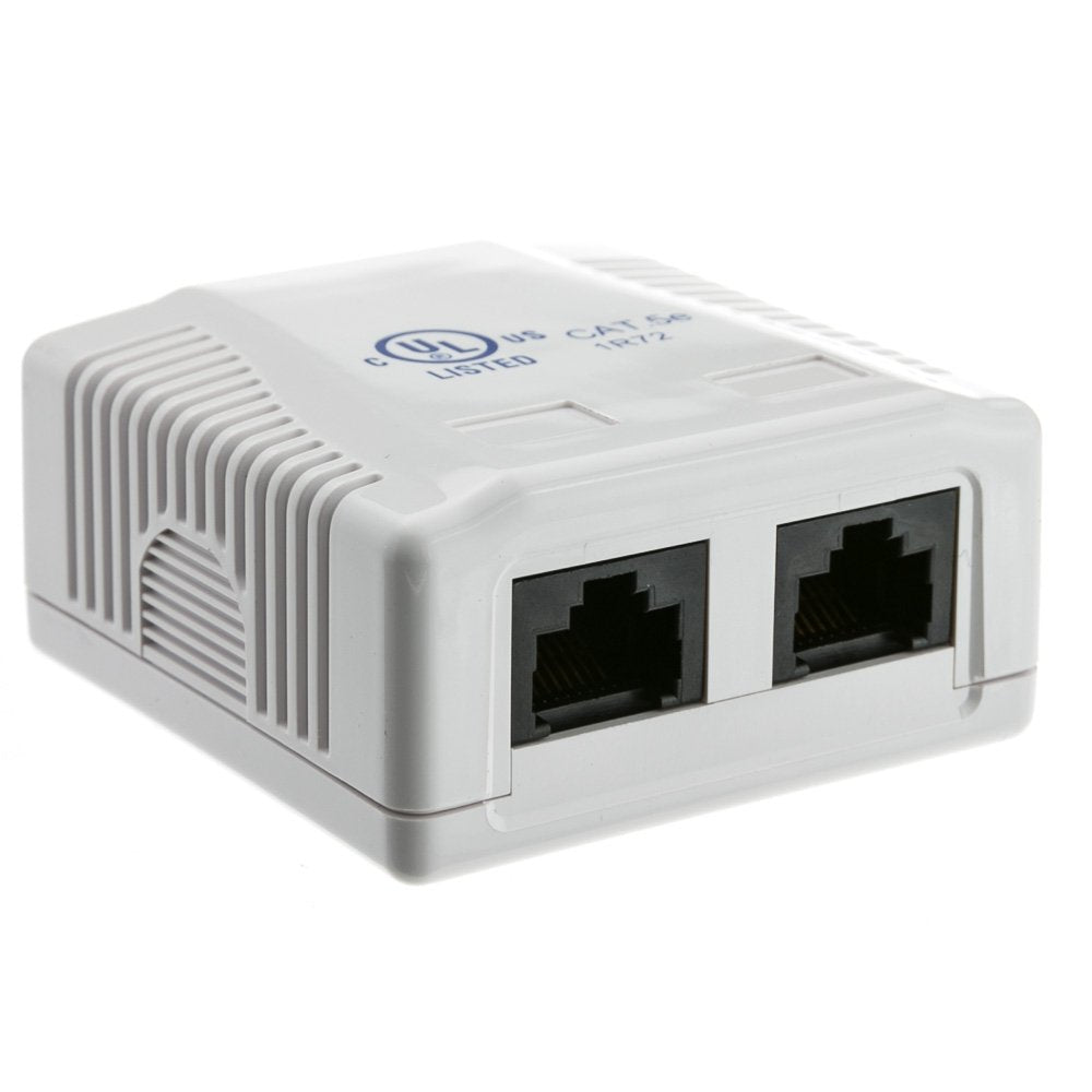 CableWholesale Cat5e Single Surface Mount Box, 2-Port, RJ45 Unshielded Female Port, White, Adhesive for Wall Mount