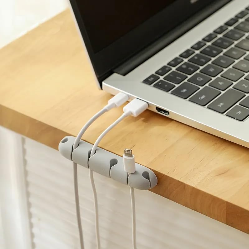 Silicone Desktop Cable Organizer 6-Slot with Adhesive Backing, Gray