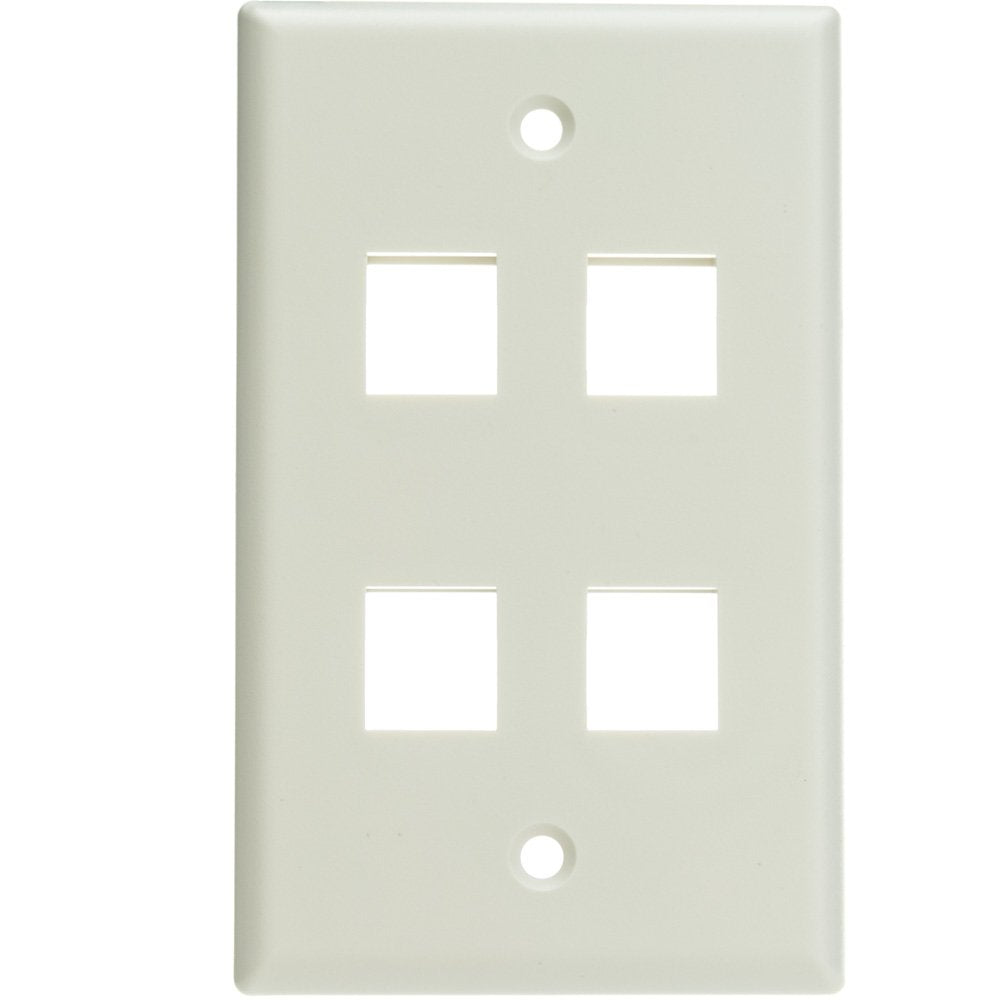 Keystone Wall Plate 4 Port, White (Cat5e, Cat6, Coax (Video), Aux (Cat6 for Data, IP Phone, POTS or Other), Single Gang, CableWholesale