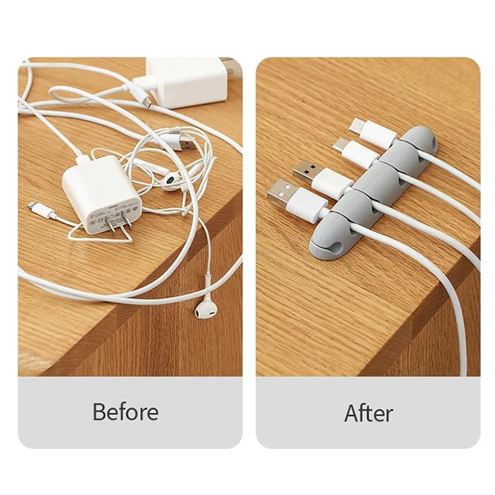 Silicone Desktop Cable Organizer 6-Slot with Adhesive Backing, Gray