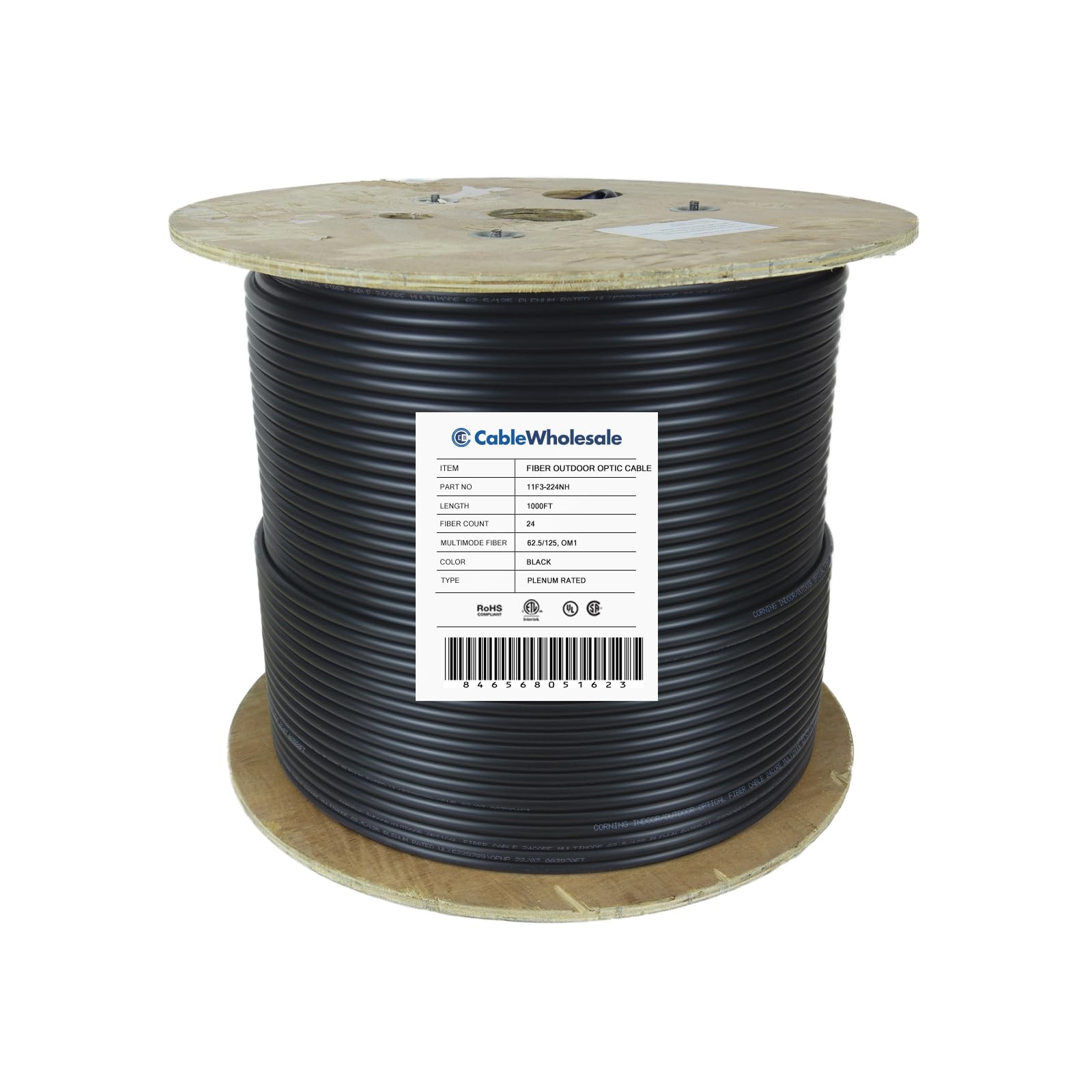 CableWholesale 24 Strand Fiber Optic Cable, Multimode, Black, 1000ft Spool