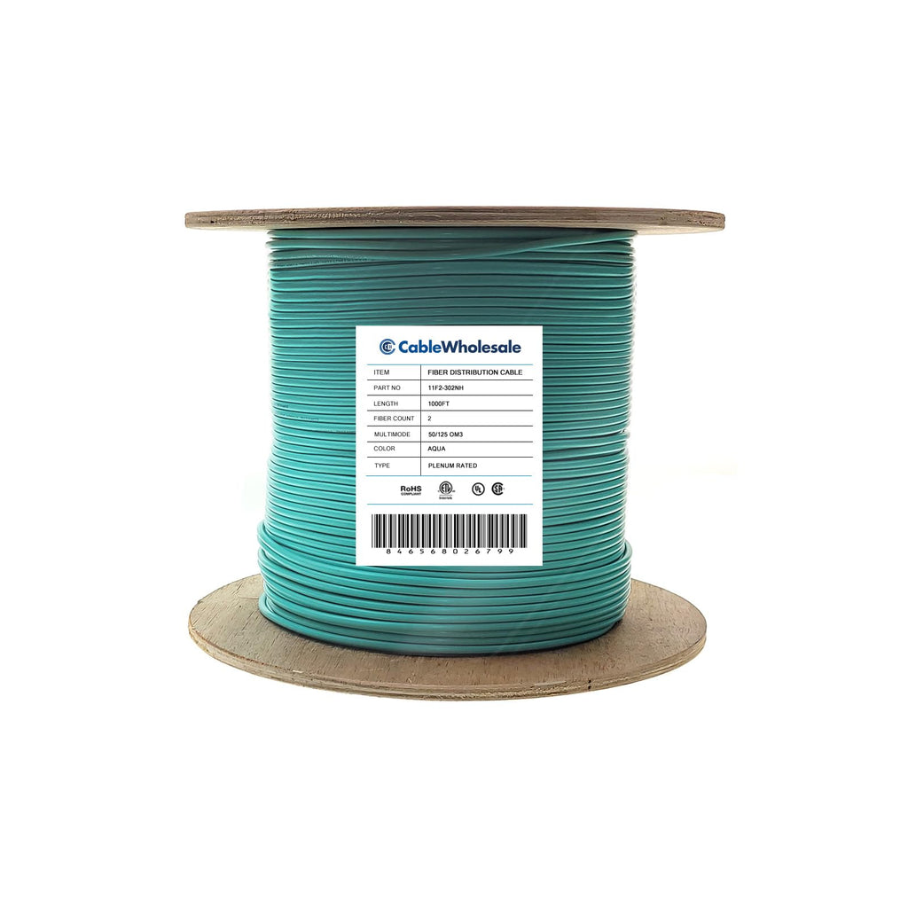 2-Strand Fiber Indoor Distribution Fiber Optic Cable, Multimode 50/125 OM3, Plenum Rated, Aqua, Spool, 1000 feet, CableWholesale