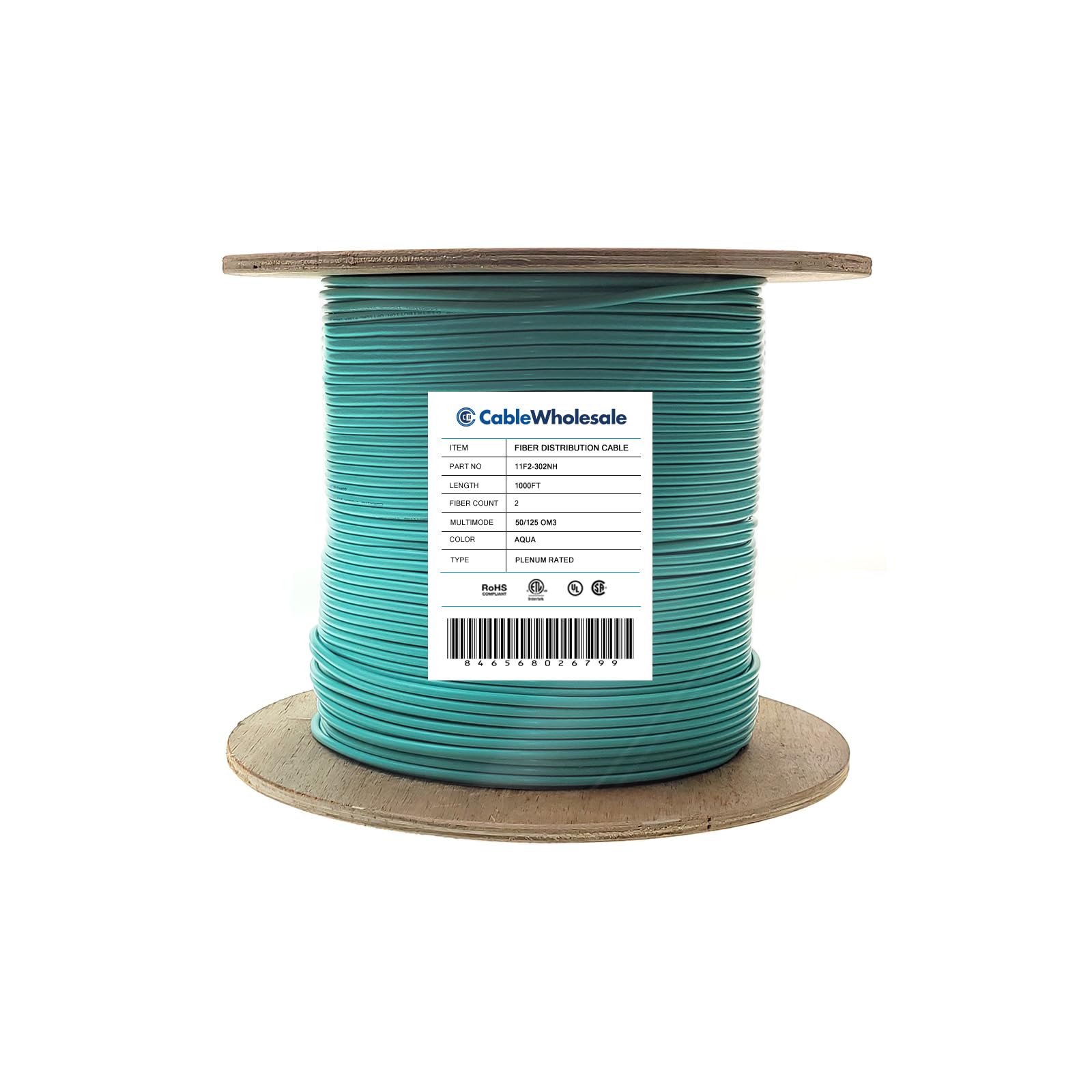 2-Strand Fiber Indoor Distribution Fiber Optic Cable, Multimode 50/125 OM3, Plenum Rated, Aqua, Spool, 1000 feet, CableWholesale