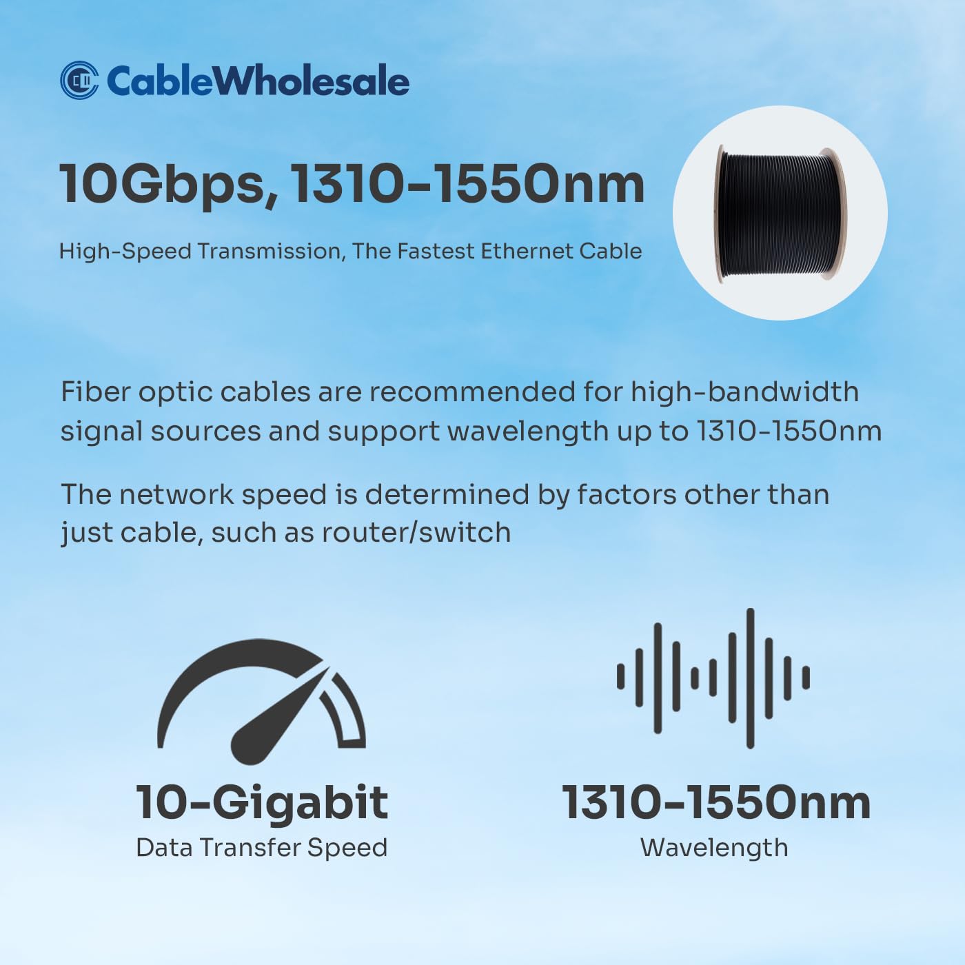 CableWholesale 6-Strand Fiber Optic Cable, OS2 Singlemode Black 500ft Spool
