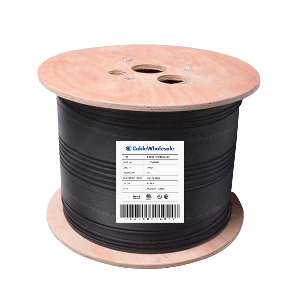 CableWholesale 48 Strand Fiber Optic Cable, Multimode, Black, 500ft Spool