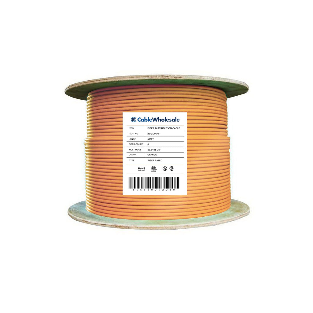 CableWholesale 6 Strand Fiber Optic Cable, Multimode, Orange, 500ft Spool