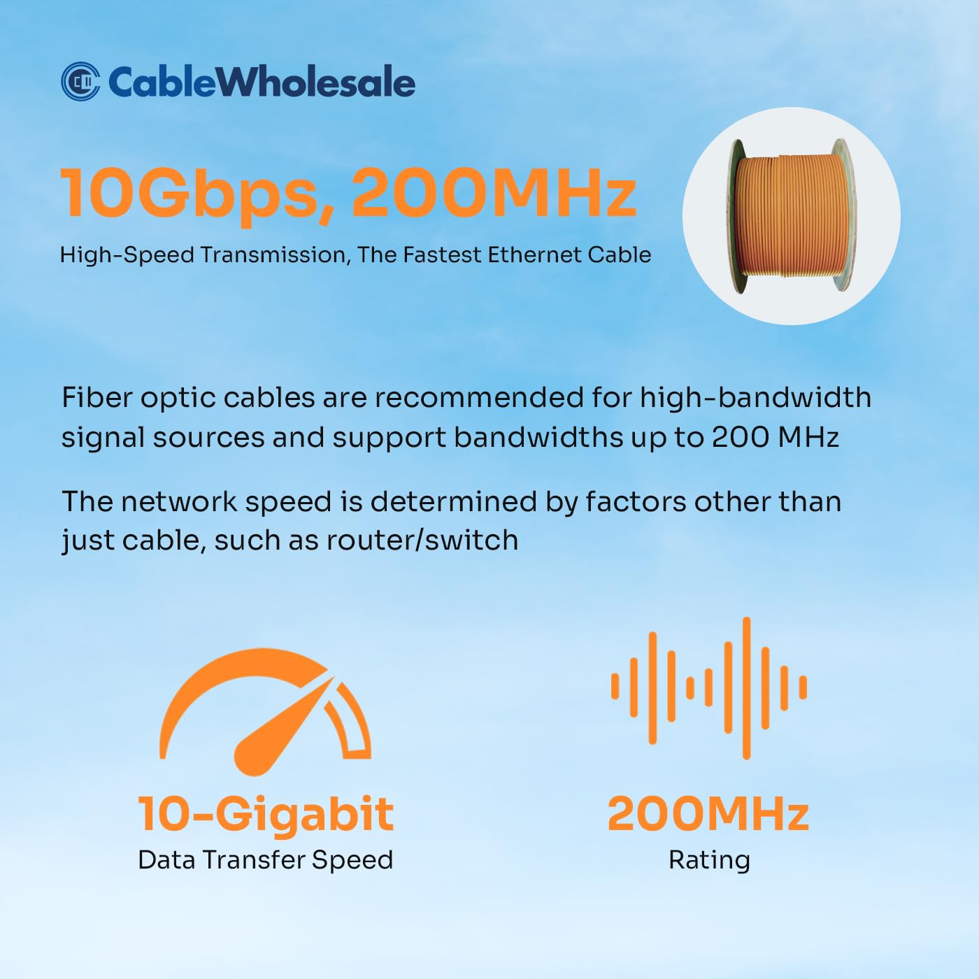 CableWholesale 12 Strand Fiber Optic Cable, Multimode, Orange, 500ft Spool