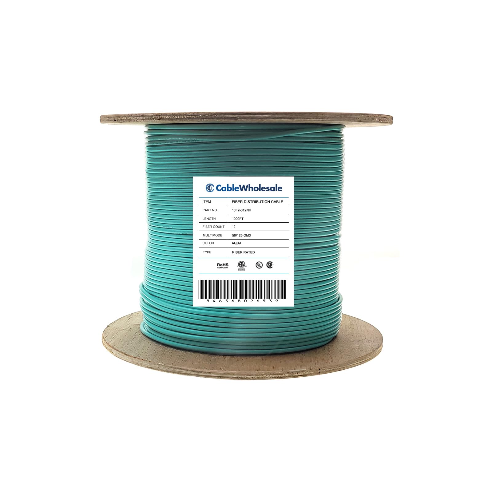 CableWholesale 12 Strand Fiber Optic Cable, Multimode, Aqua, 1000ft Spool