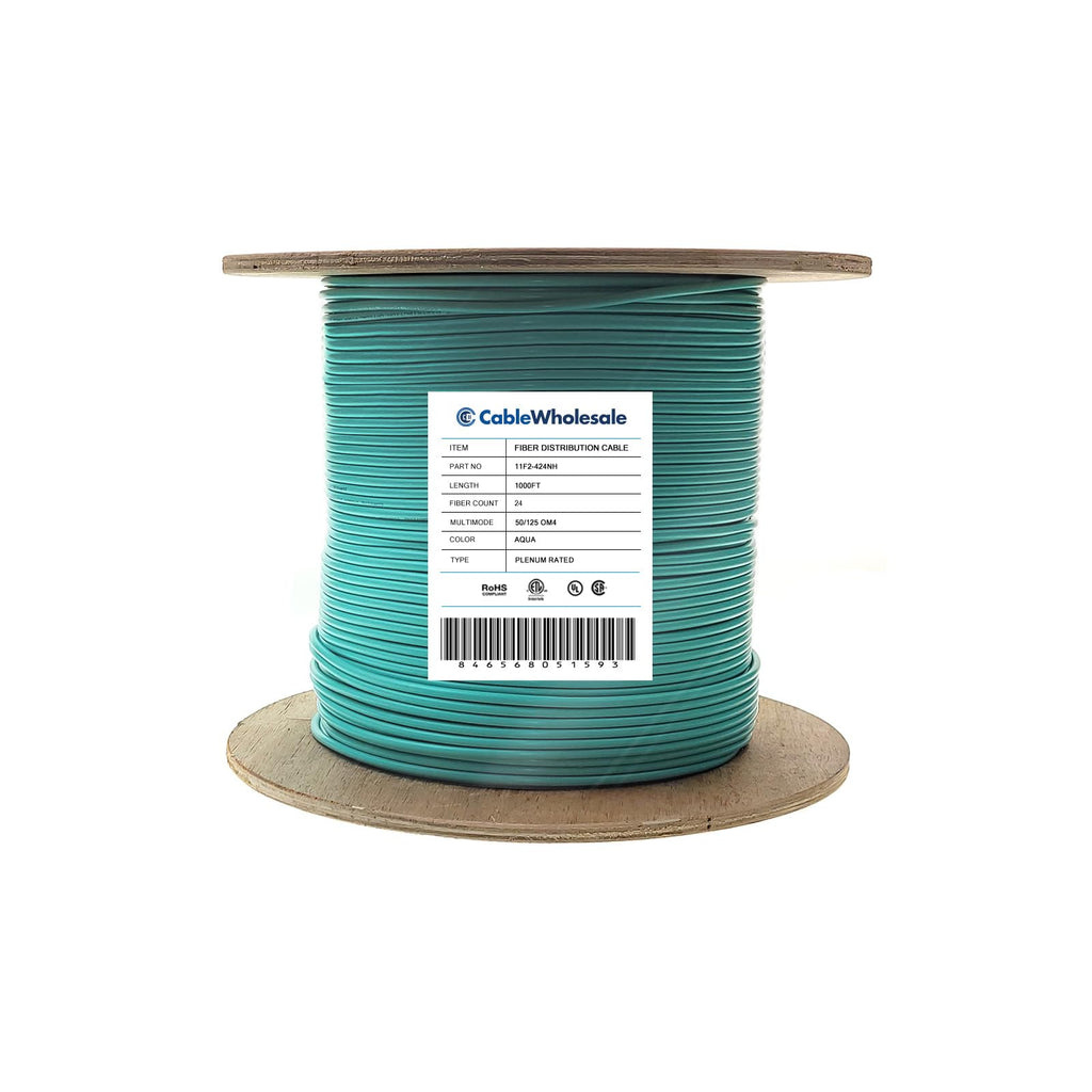 CableWholesale 24 Strand Fiber Optic Cable, Multimode, Aqua, 1000ft Spool