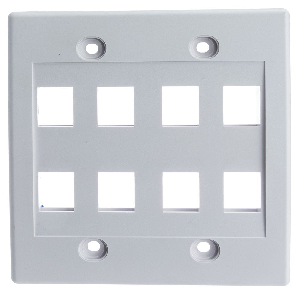 Keystone Wall Plate 8 Port, White (Cat5e, Cat6, Coax (Video), Aux (Cat6 for Data, IP Phone, POTS or Other), Dual Gang, CableWholesale