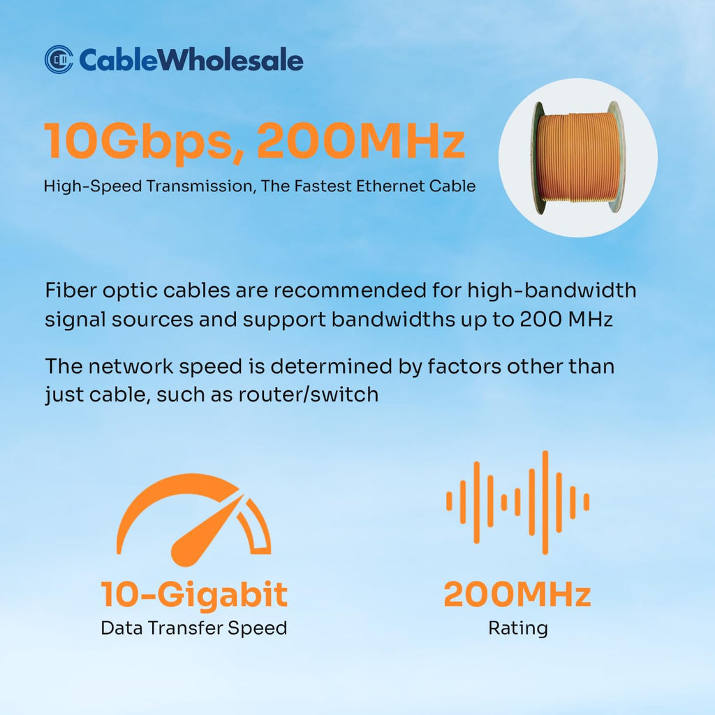 CableWholesale 6 Strand Fiber Optic Cable, Multimode, Orange, 500ft Spool