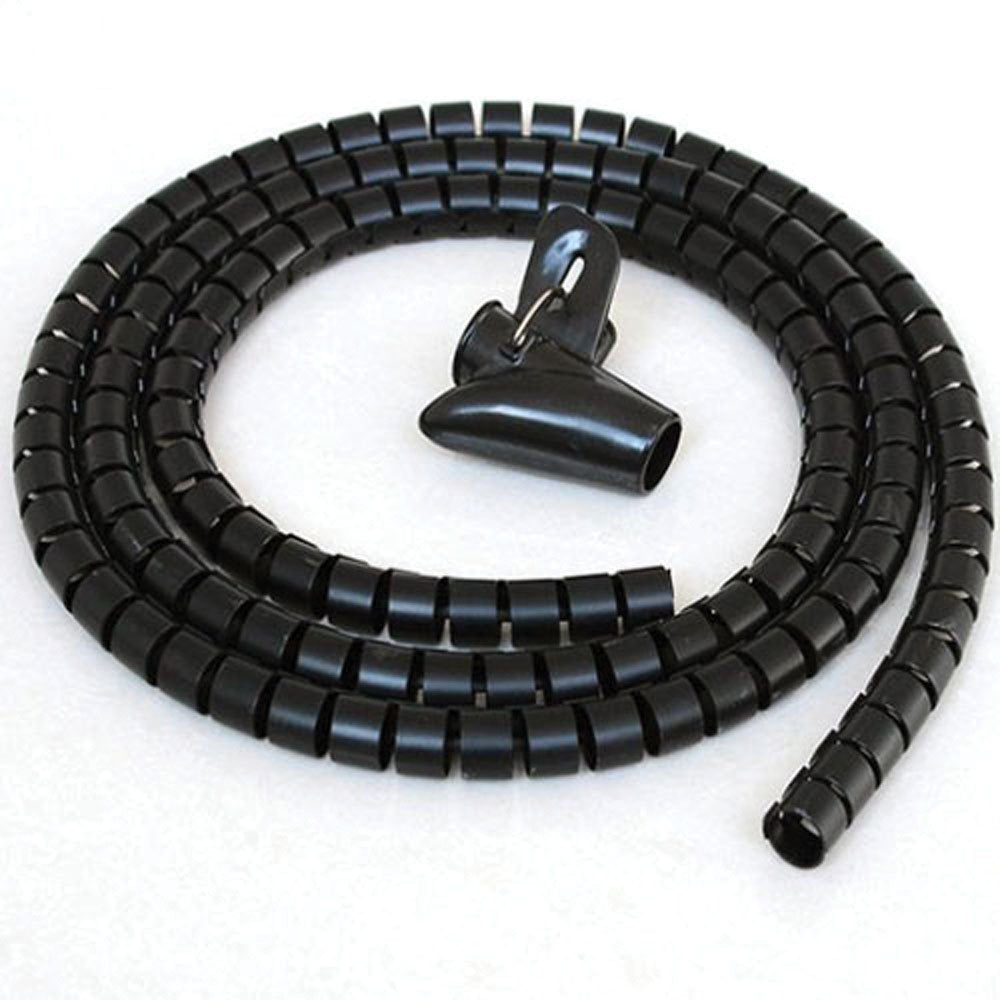 CableWholesale 5ft Split Loom Cable Wrap, Black, 20mm Diameter, Sprial Cable Zip Wrap, Cord Organizer Wraps with Tool