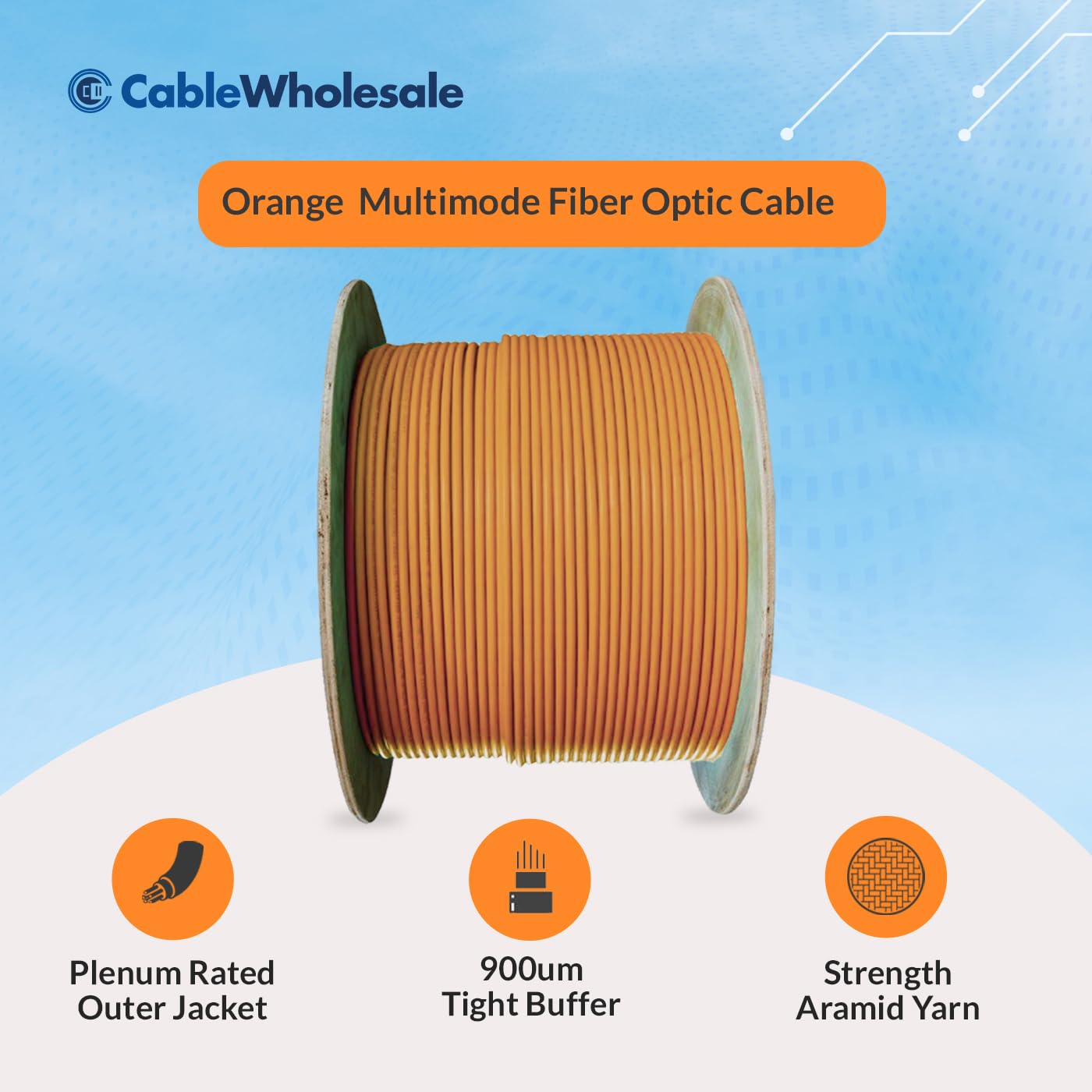 CableWholesale 6 Strand Fiber Optic Cable, Multimode, Orange, 500ft Spool