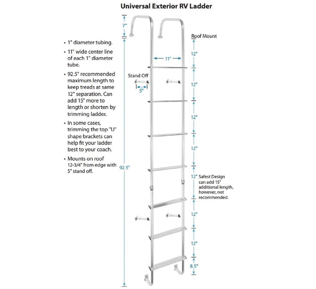 Stromberg Carlson LA-401 Universal Exterior RV Ladder, Heavy-Duty Rear Ladder for Travel Trailers & Campers, Roof Access, Durable Silver Finish, Easy Installation, Universal Fit, Silver