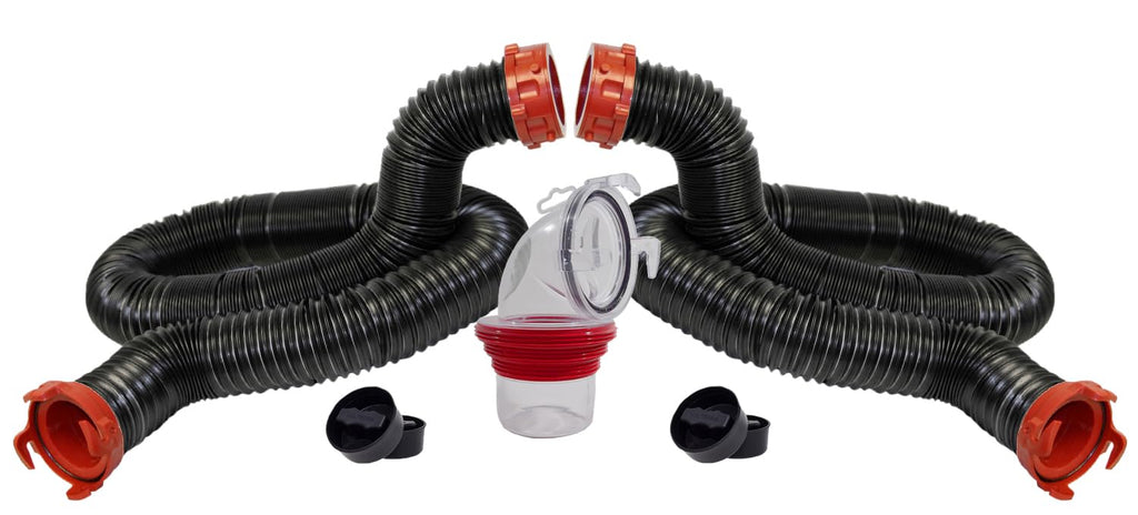 Valterra 20-Foot Dominator RV Sewer Hose Kit, Sewer Hose for RV Camper, Includes 2 Attachable 10-Foot Hoses with Rotating Fittings, 90 Degree Clearview Sewer Adapter, and 4 Drip Caps