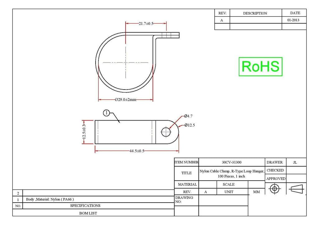 Cable Clamp, 1/4 Inch Nylon Cable Clamp, R-Type Loop Hanger, 100 Pack, CableWholesale, 0.24 Inch