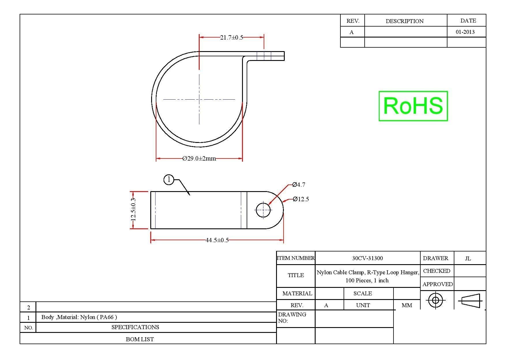 Cable Clamp, 1/4 Inch Nylon Cable Clamp, R-Type Loop Hanger, 100 Pack, CableWholesale, 0.24 Inch