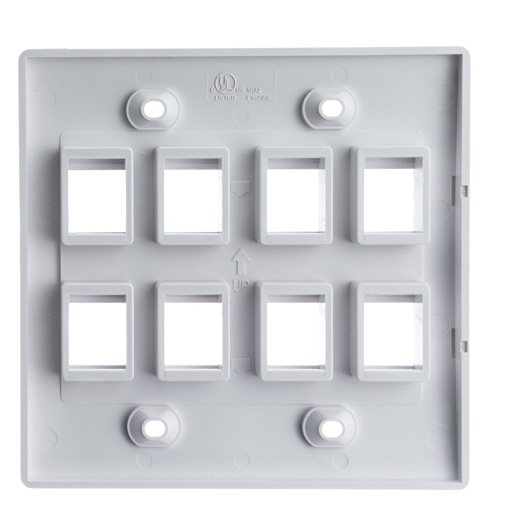 Keystone Wall Plate 8 Port, White (Cat5e, Cat6, Coax (Video), Aux (Cat6 for Data, IP Phone, POTS or Other), Dual Gang, CableWholesale