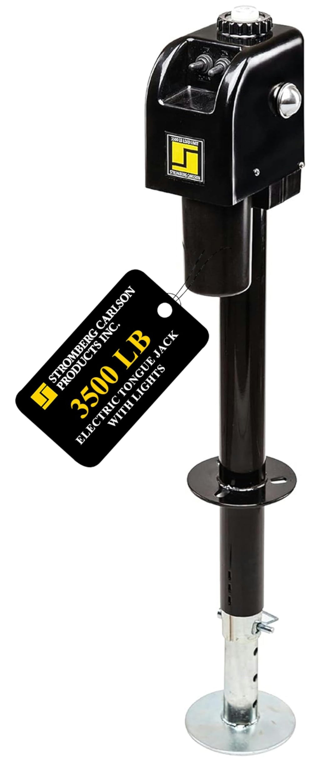 Stromberg Carlson JET-3755 Electric Tongue Jack - Heavy Duty Jack with Motor Protection, 18" Travel & 5" Drop Down Leg, Stabilizing, Leveling & Lifting RV, Camper, Utility Trailers, Black, 3500 lb