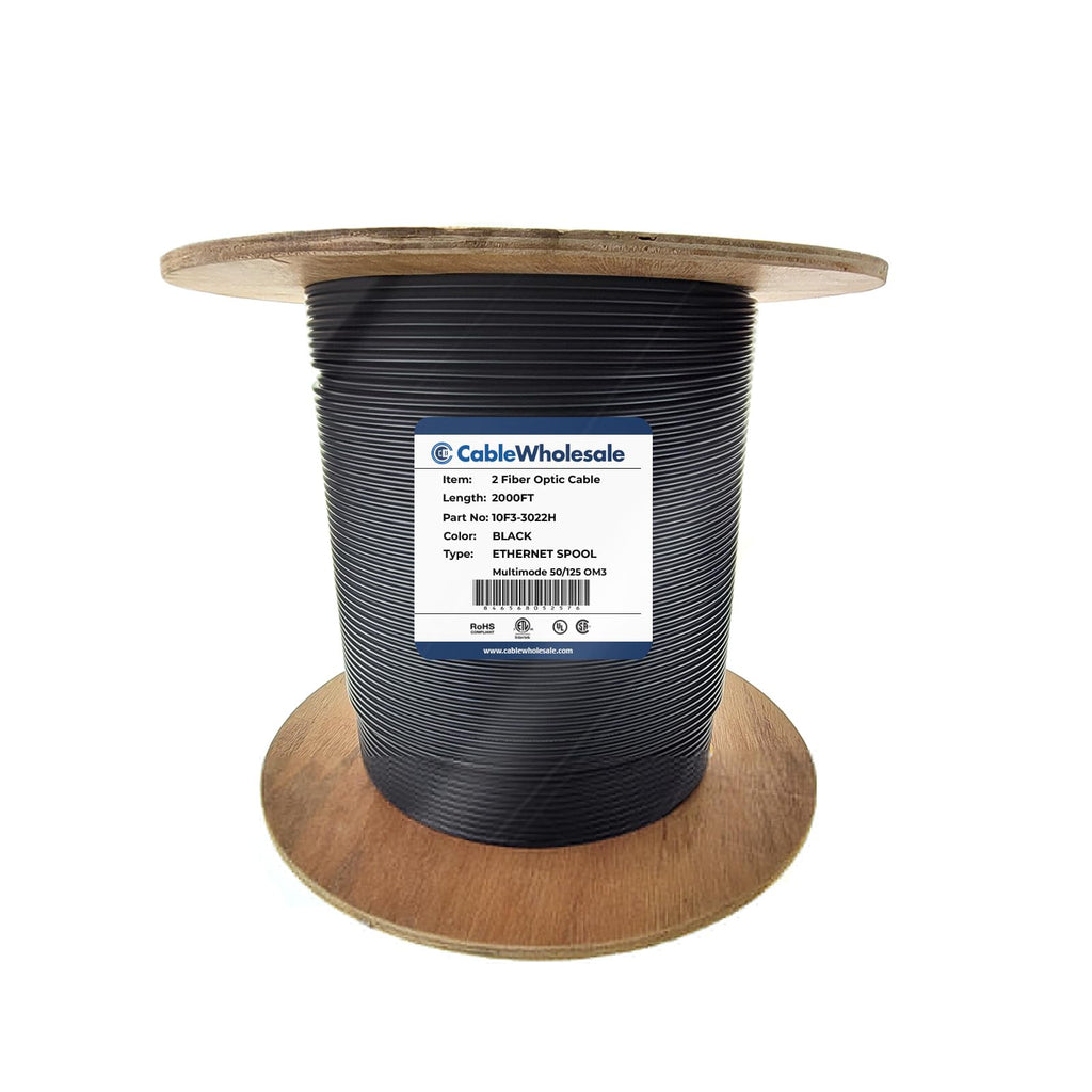 CableWholesale 2 Strand Fiber Optic Cable, Multimode, Black, 2000ft Spool