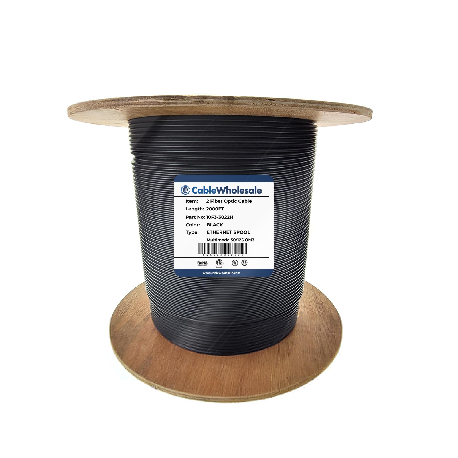 CableWholesale 2 Strand Fiber Optic Cable, Multimode, Black, 2000ft Spool
