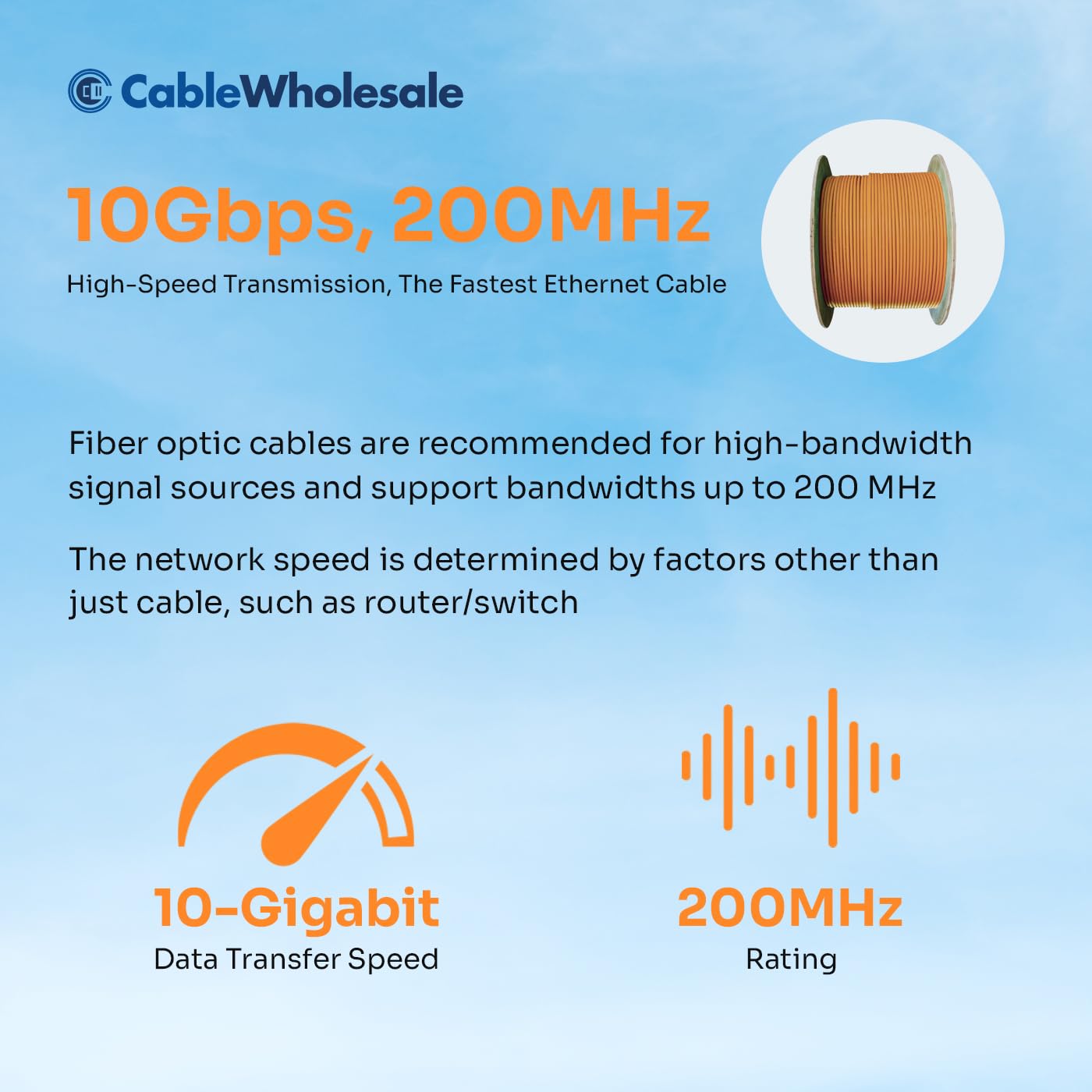 CableWholesale 6 Strand Fiber Optic Cable, Multimode, Orange, 500ft Spool