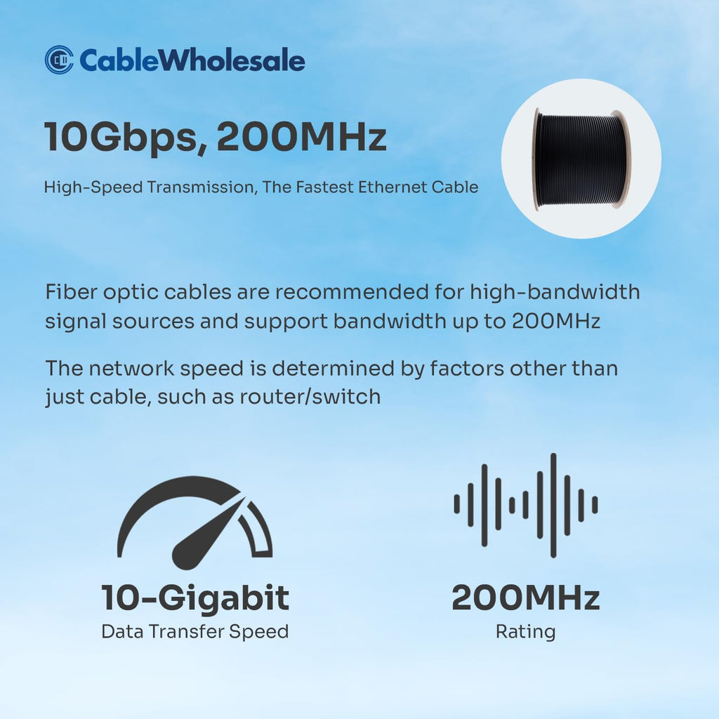 CableWholesale 6 Strand Fiber Optic Cable, Multimode, Black, 500ft Spool