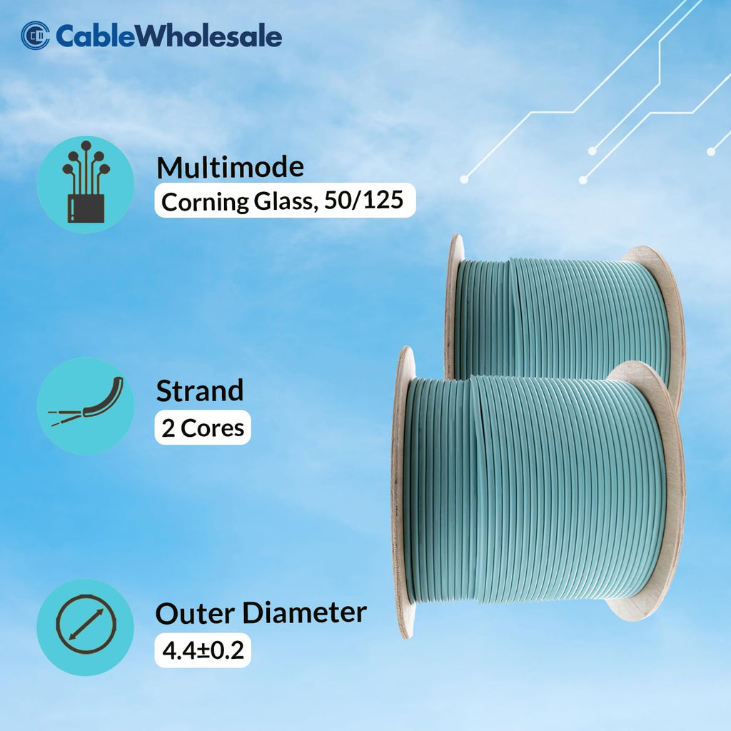 CableWholesale 2 Strand Fiber Optic Cable, Multimode, Aqua, 1000ft Spool