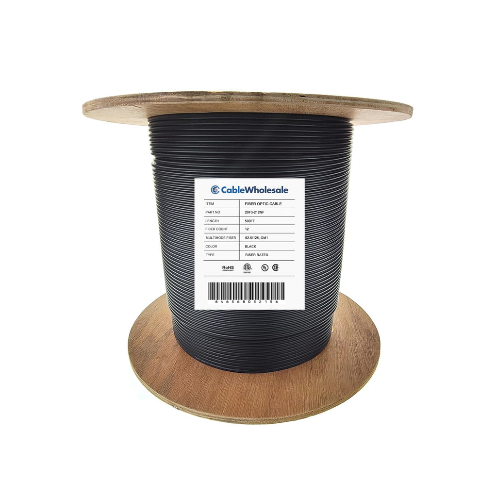 CableWholesale 12 Strand Fiber Optic Cable, Multimode, Black, 500ft Spool