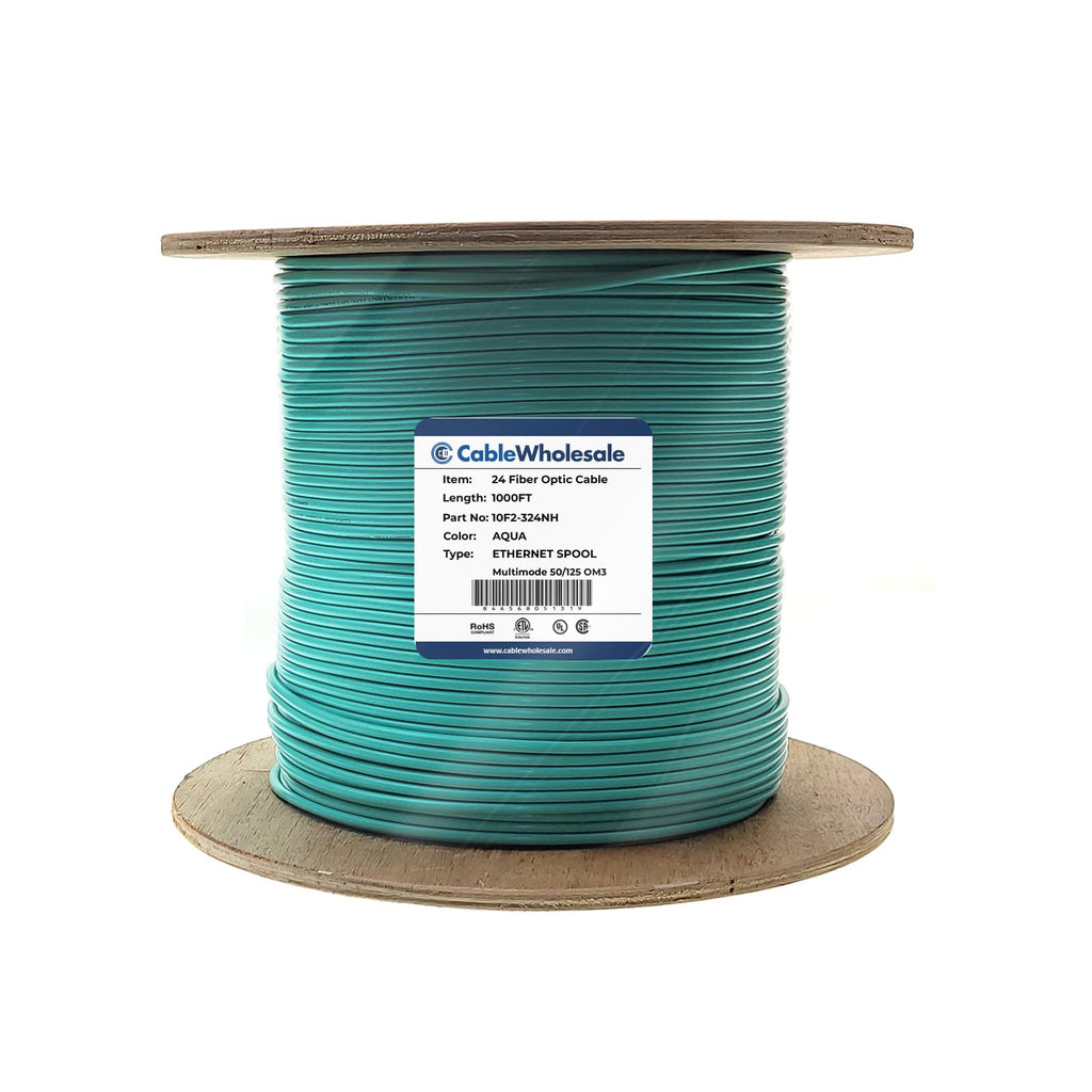 CableWholesale 24 Strand Fiber Optic Cable, Multimode, Aqua, 1000ft Spool