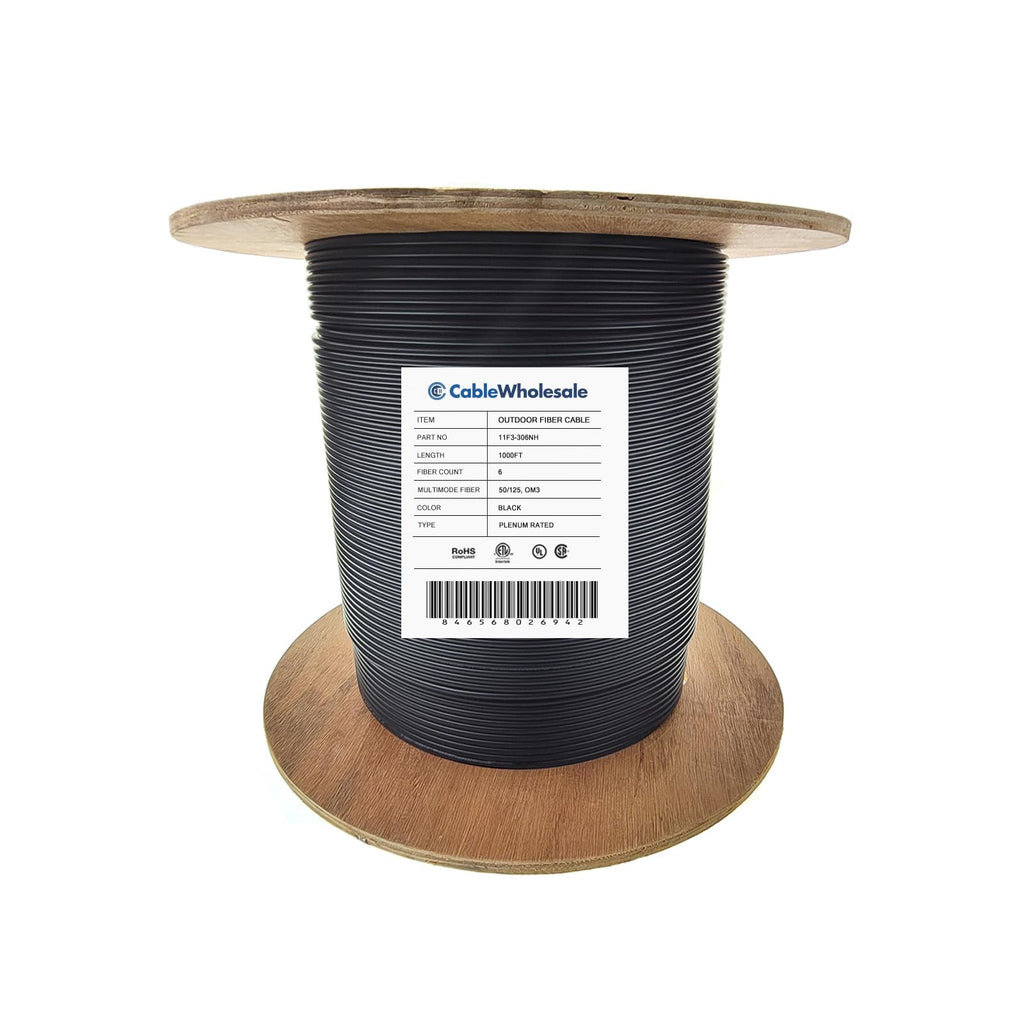 CableWholesale 6 Strand Fiber Optic Cable, Multimode, Black, 1000ft Spool