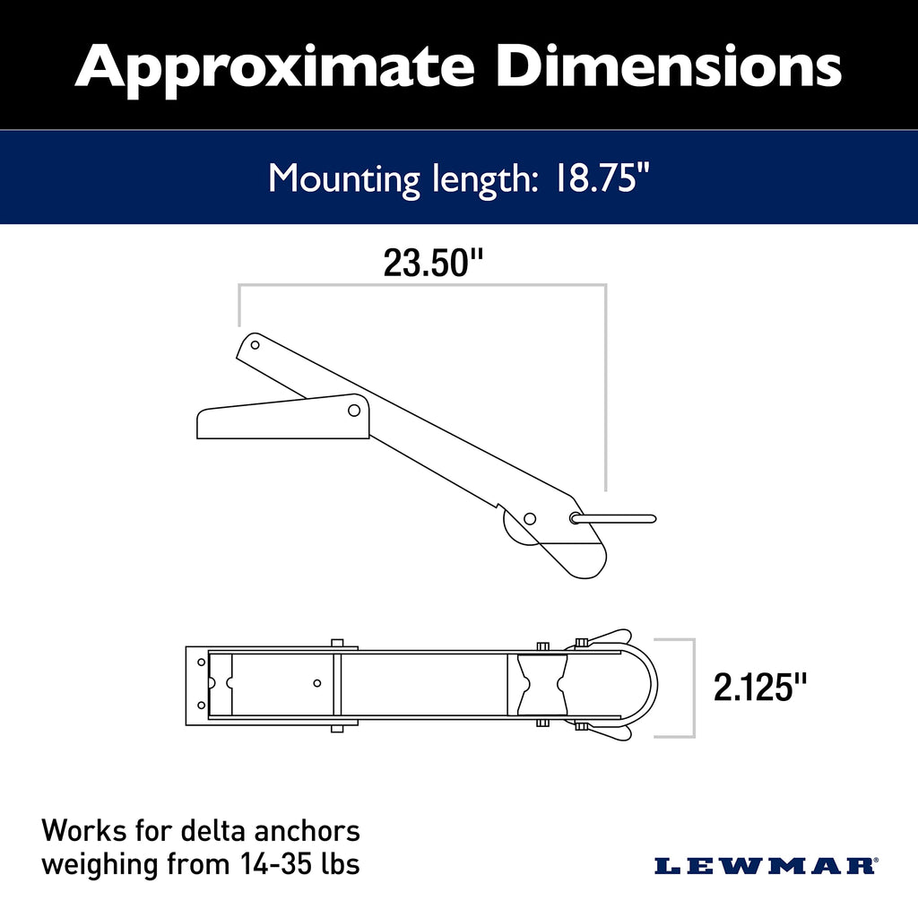 Lewmar Long Bow Roller for Delta Anchors 14-35 lbs., Stainless Steel Construction, Derlin Rollers, Measures 2-1/8" W x 23-1/2" L, Easy Installation, mounting Hardware not Included - 2020202315