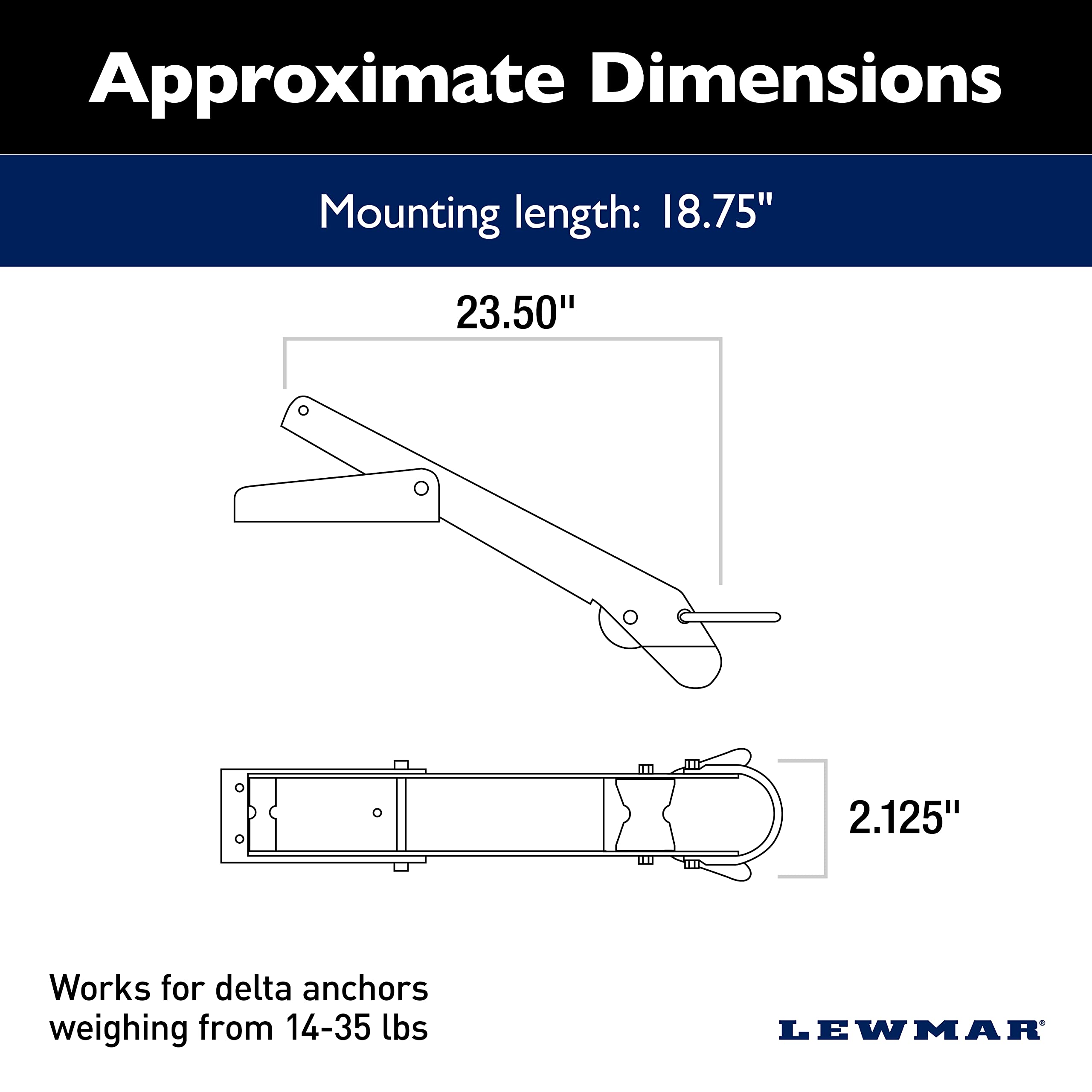 Lewmar Long Bow Roller for Delta Anchors 14-35 lbs., Stainless Steel Construction, Derlin Rollers, Measures 2-1/8" W x 23-1/2" L, Easy Installation, mounting Hardware not Included - 2020202315