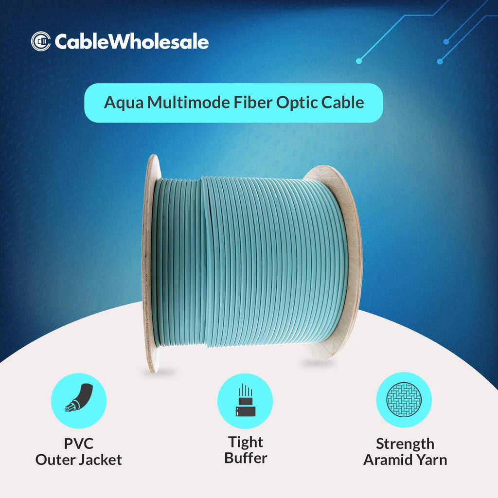 CableWholesale 6 Strand Fiber Optic Cable, Multimode, Aqua, 1000ft Spool