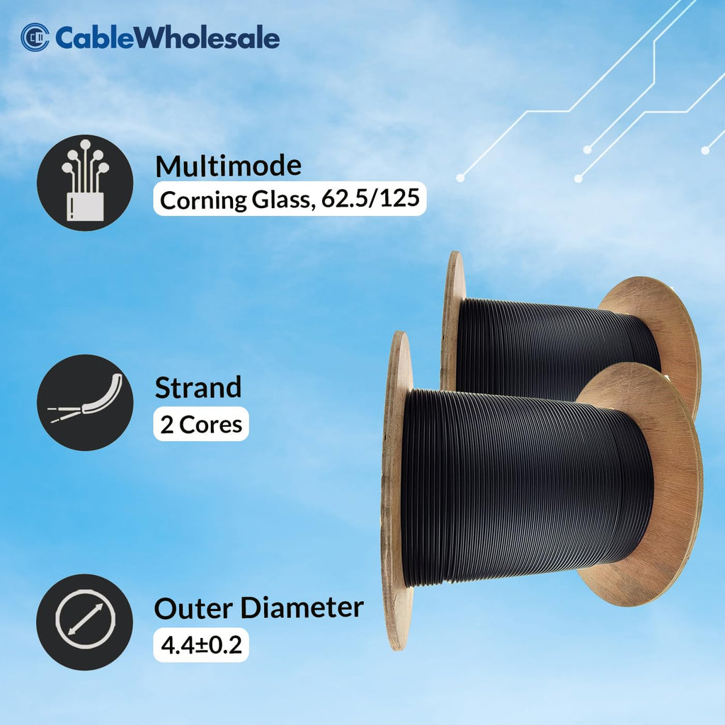 CableWholesale 2 Strand Fiber Optic Cable, Multimode, Black, 1000ft Spool