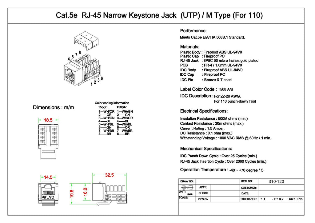 Cat5e Keystone Jack, RJ45 Female (UTP) to 110 Punch Down Connector, CableWholesale, Blue