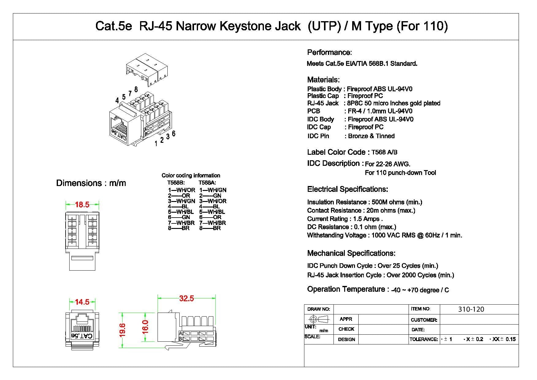 Cat5e Keystone Jack, RJ45 Female (UTP) to 110 Punch Down Connector, CableWholesale, Blue