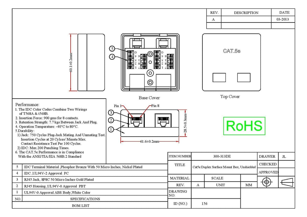 CableWholesale Cat5e Single Surface Mount Box, 2-Port, RJ45 Unshielded Female Port, White, Adhesive for Wall Mount