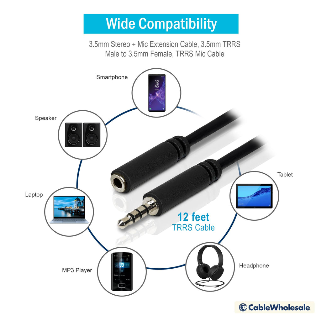 CableWholesale 3.5mm Stereo Extension Cable, 3.5mm Male to 3.5mm Female, TRRS Mic Cable 6 Foot