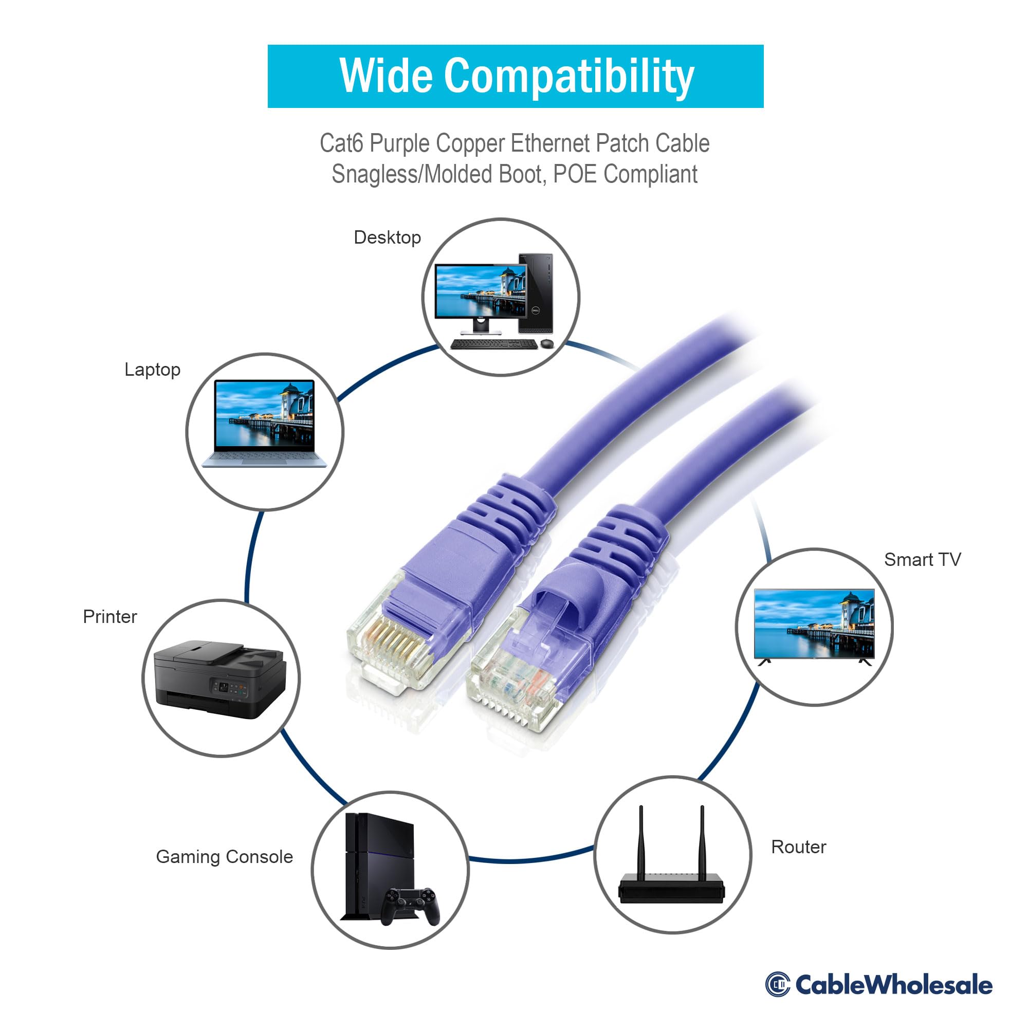 CableWholesale Cat6 Ethernet Cable, 24AWG, RJ45 Gold Plate Connector, 4 Pair Stranded Copper, Snagless Boot Unshielded Twisted Pair (UTP) Internet Network Patch Cable, 4 Foot, Purple
