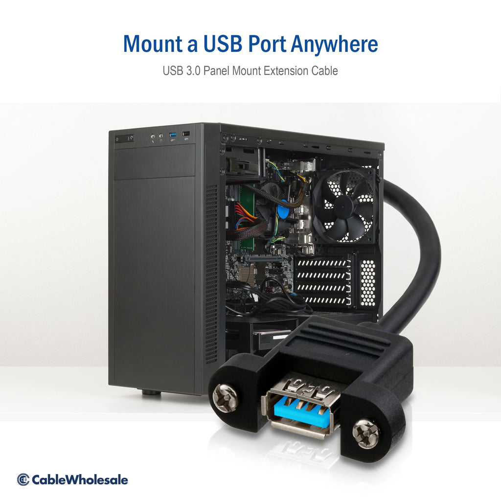 CableWholesale USB 3.0 Panel Mount Extension Cable 28/24 AWG - Type A Male to Female, High-Speed Data Transfer, Black, 3 Feet