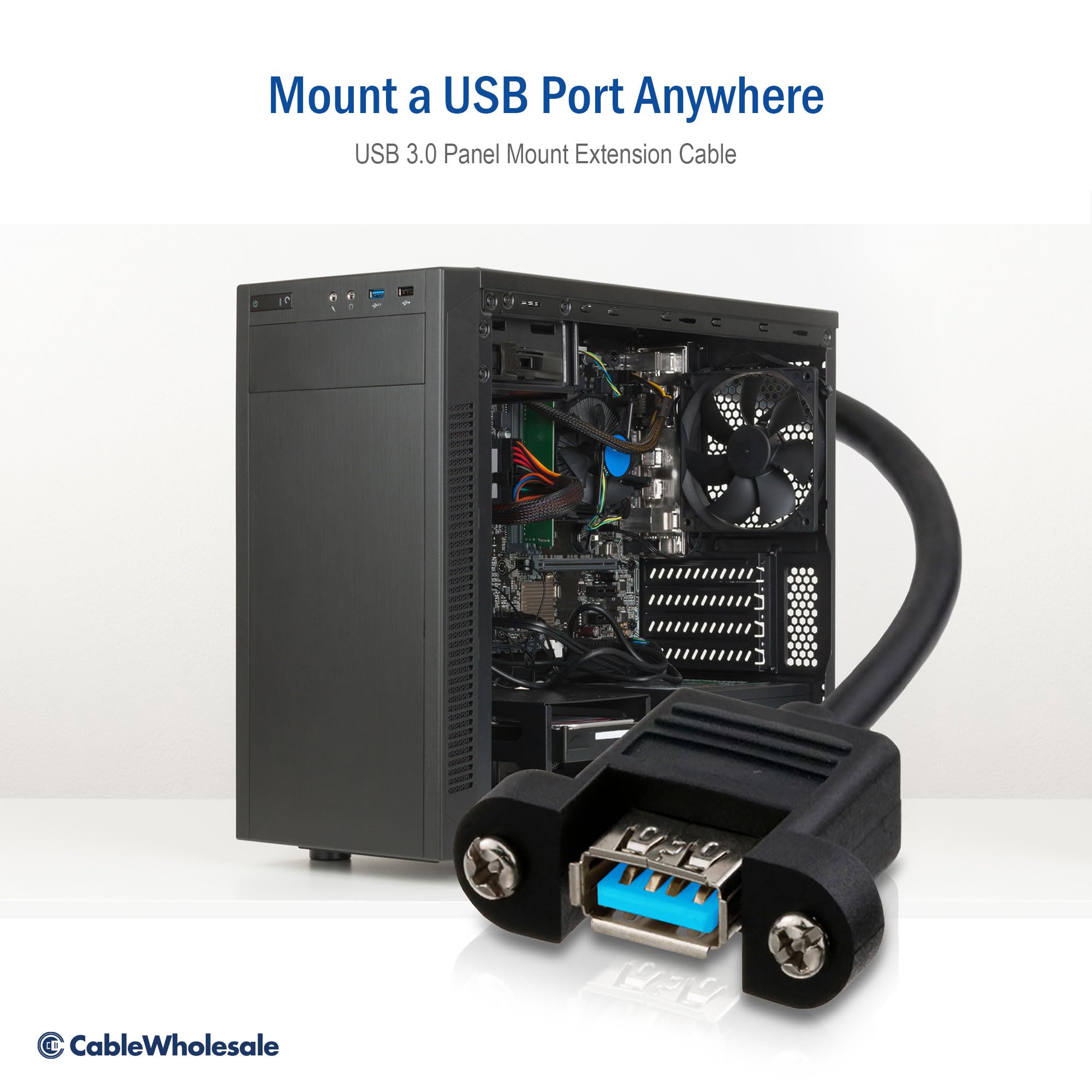 CableWholesale USB 3.0 Panel Mount Extension Cable 28/24 AWG - Type A Male to Female, High-Speed Data Transfer, Black, 3 Feet