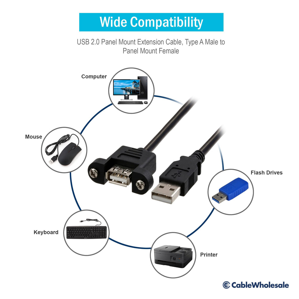 CableWholesale USB 2.0 Panel Mount Extension Cable 28/24 AWG - Type A Male to Female, Black, for Professional and DIY Installations, 3 Feet