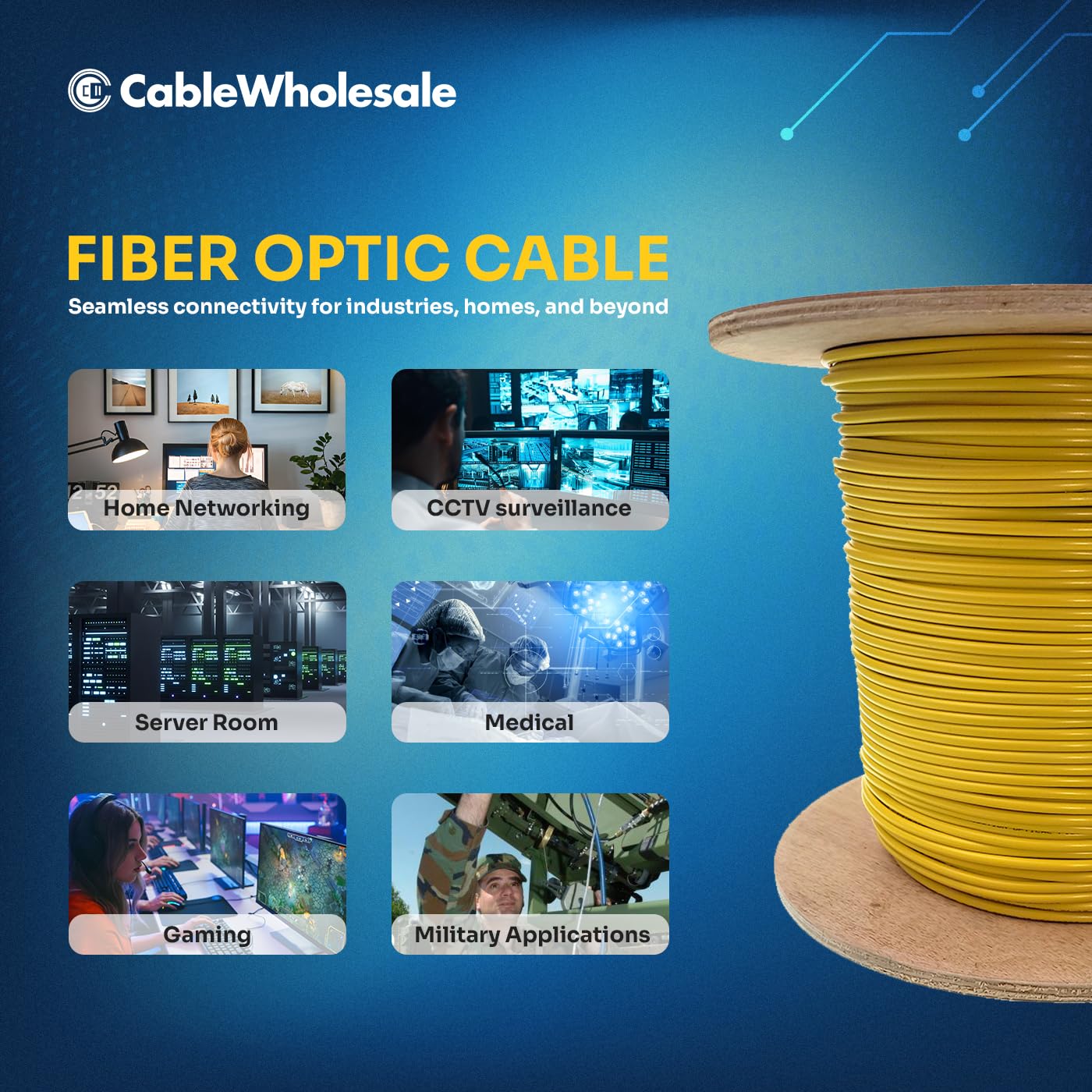 CableWholesale 2-Strand Fiber Optic Cable, Singlemode, Yellow, 2000ft Spool