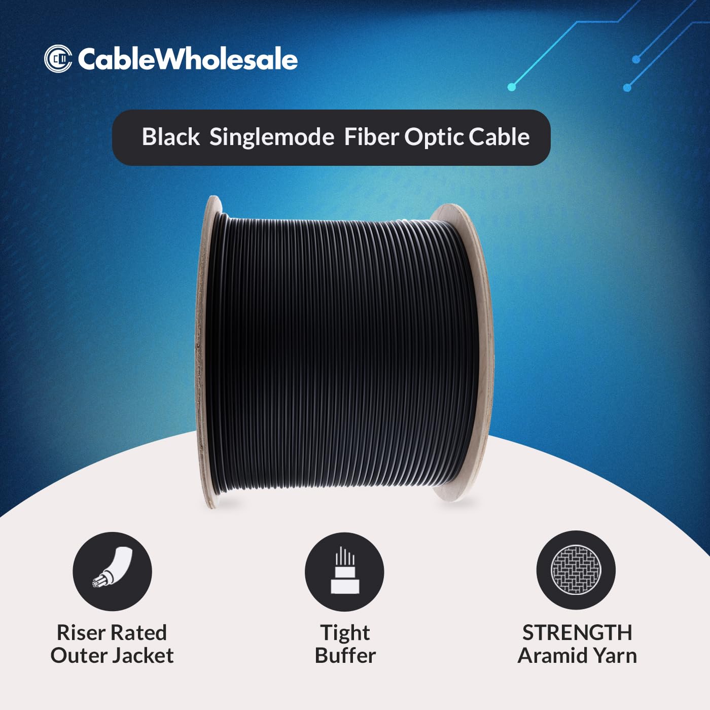 CableWholesale 6-Strand Fiber Optic Cable, Singlemode, Black, 1000ft Spool