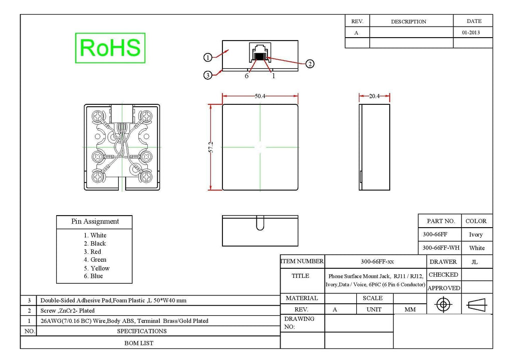 Phone Surface Mount Jack, Ivory, RJ11 / RJ12, Single Port Telephone Jack, Data/Voice, 6P6C (6 Pin 6 Conductor), CableWholesale