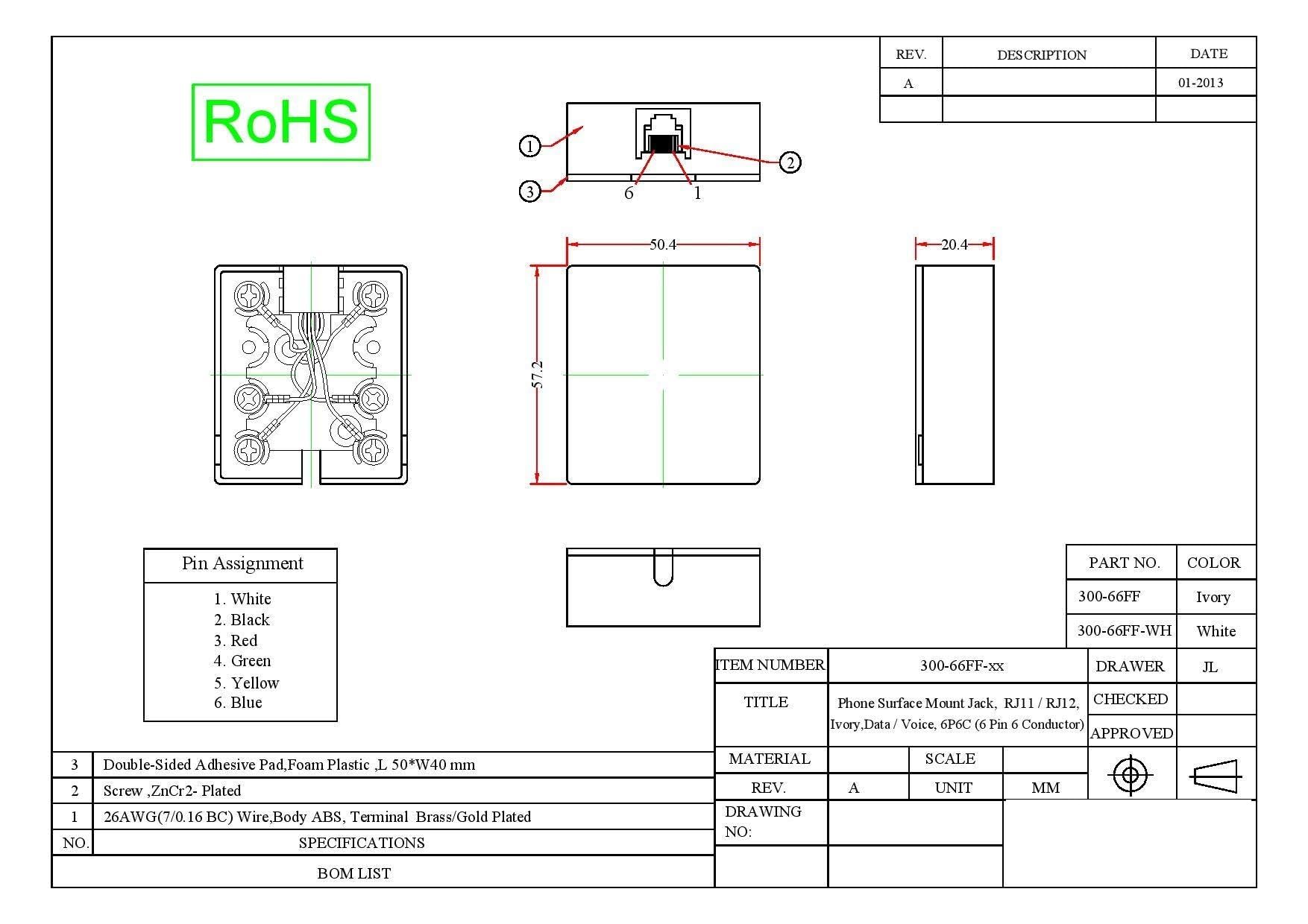 Phone Surface Mount Jack, Ivory, RJ11 / RJ12, Single Port Telephone Jack, Data/Voice, 6P6C (6 Pin 6 Conductor), CableWholesale